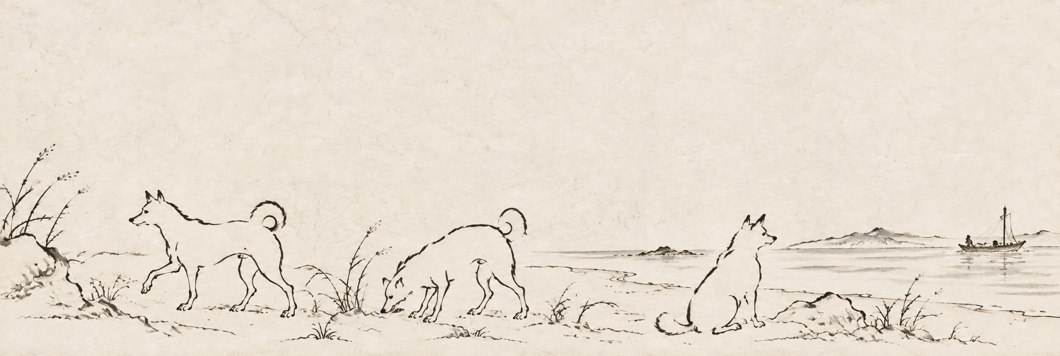 水墨画風の海辺で散歩を楽しむ犬たちと小舟のイラスト