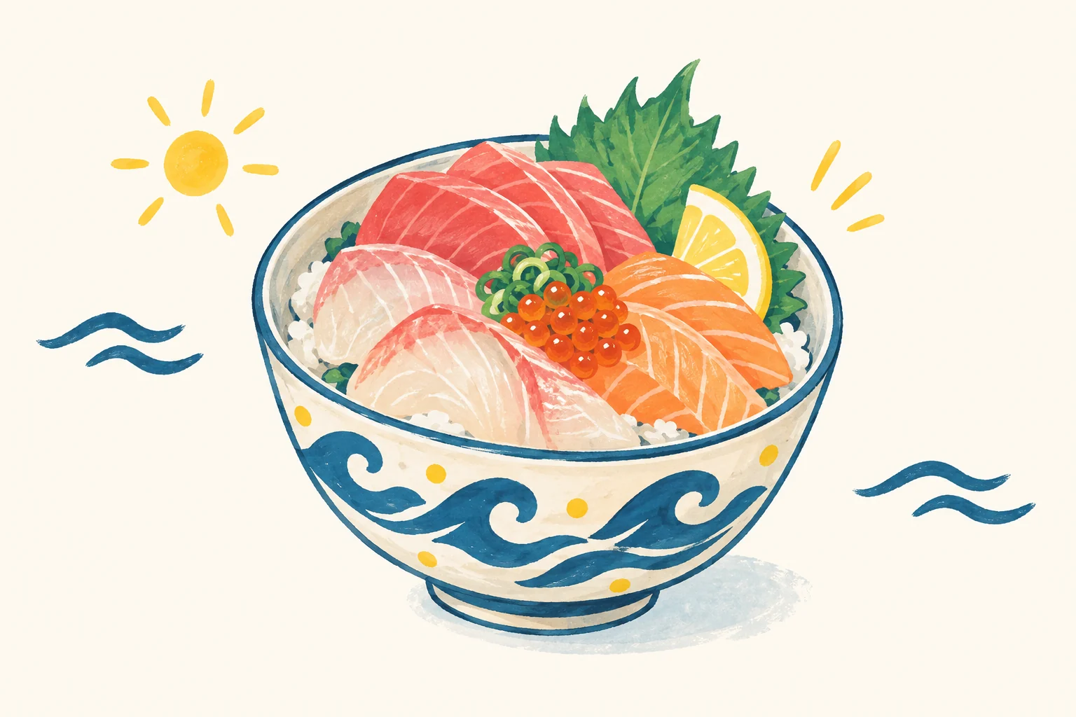 海鮮丼を描いた、海と太陽のモチーフのイラスト